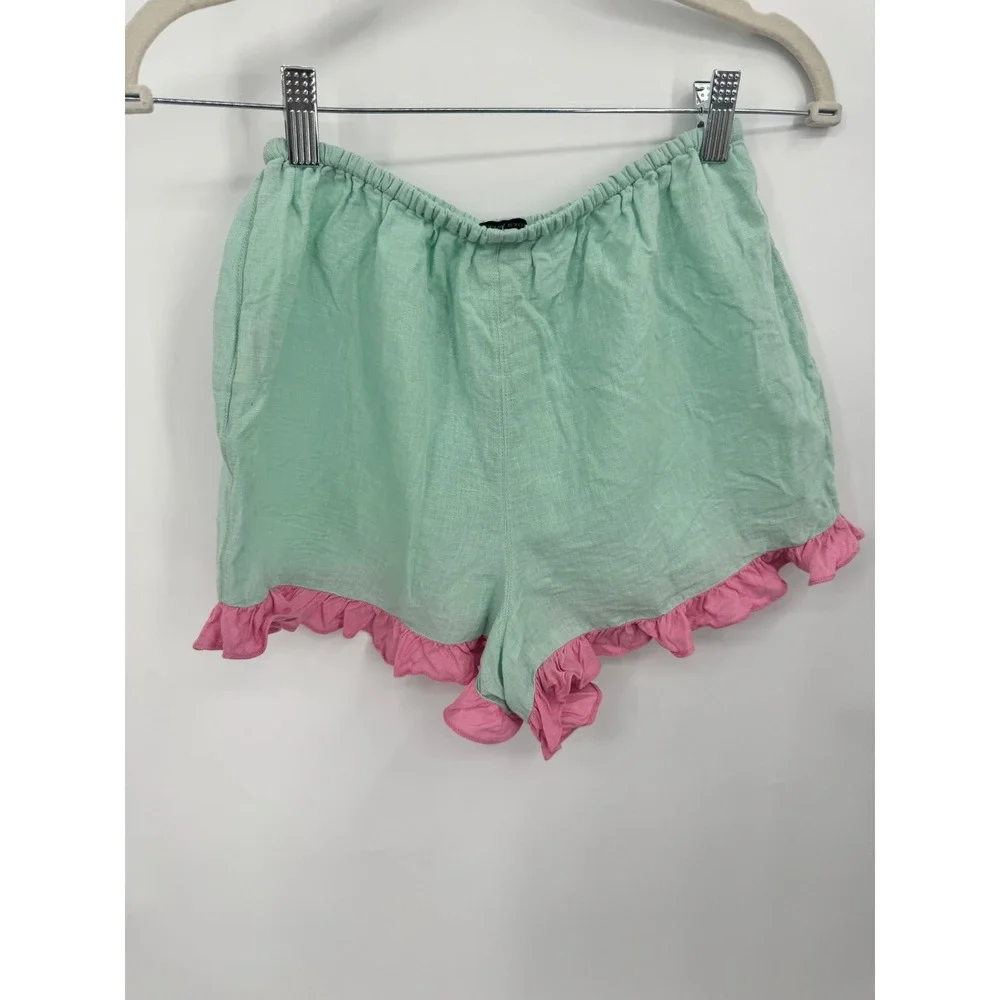 Dora Larsen Ruffle Shorts Women US 4 Mint Green Pink Linen Loungewear